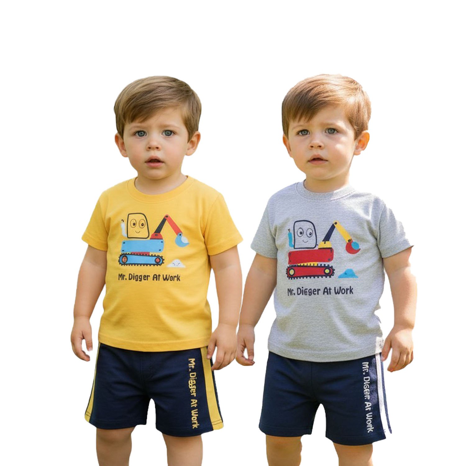 Boys Casual T-Shirt and Shorts Set | Cute Excavator Print Summer Wear for Kids (Pack Of 2)
