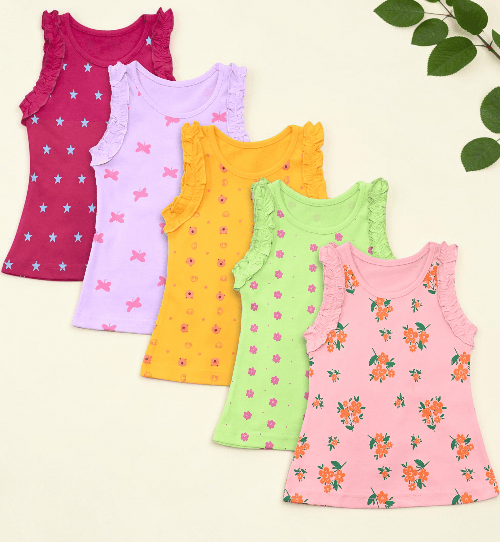 Girls Cotton Tank Tops Set, Sleeveless II Pack of 5 tops Multi-Color