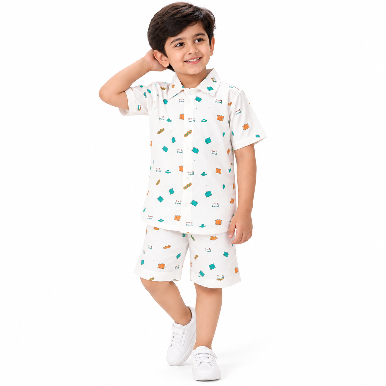 Boys White Printed Cotton Blend Co-ord Set |