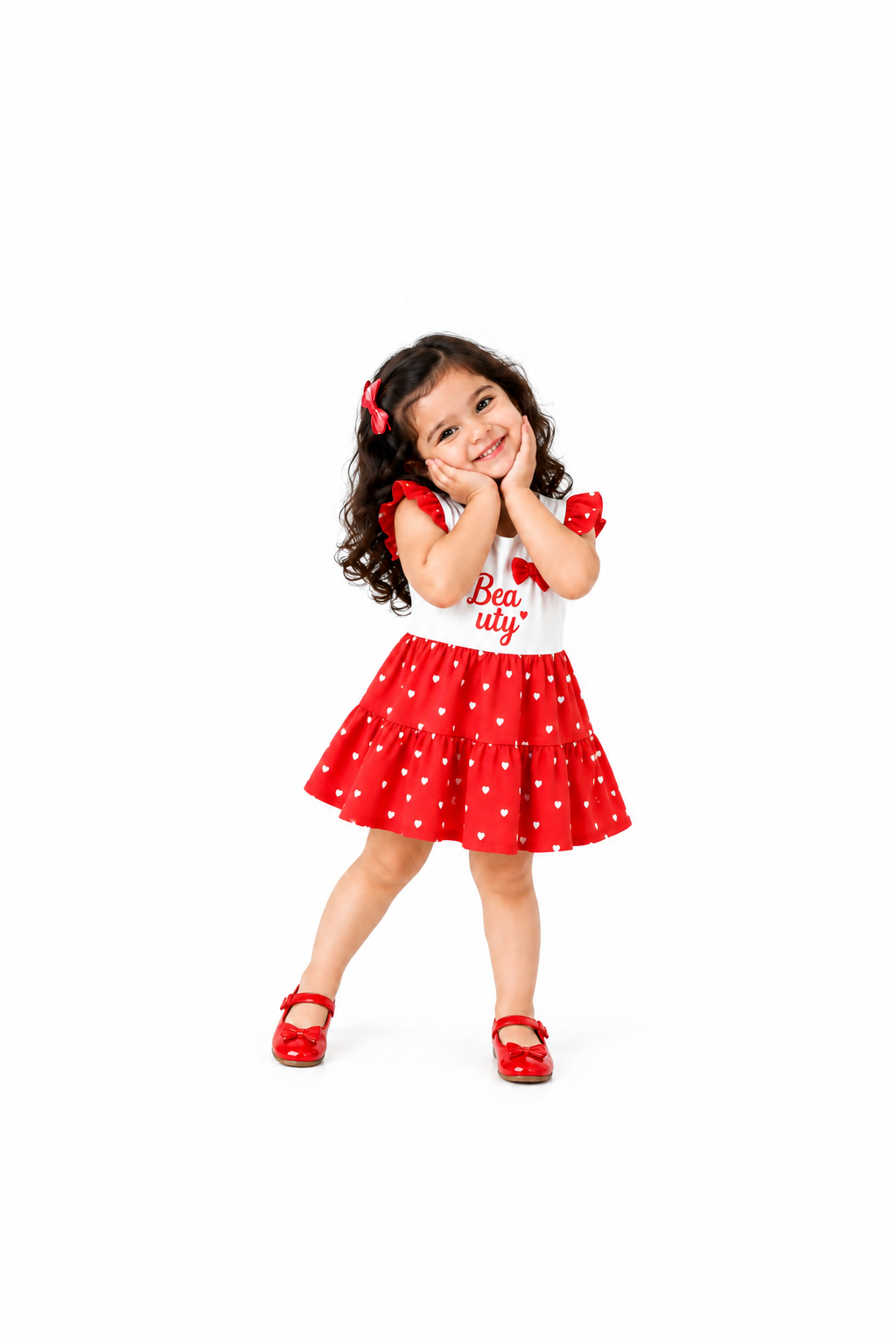 Girls’ Party Wear Frock Dress | Red & White Heart Print Tiered Dress for Kids | Stylish Party Outfit