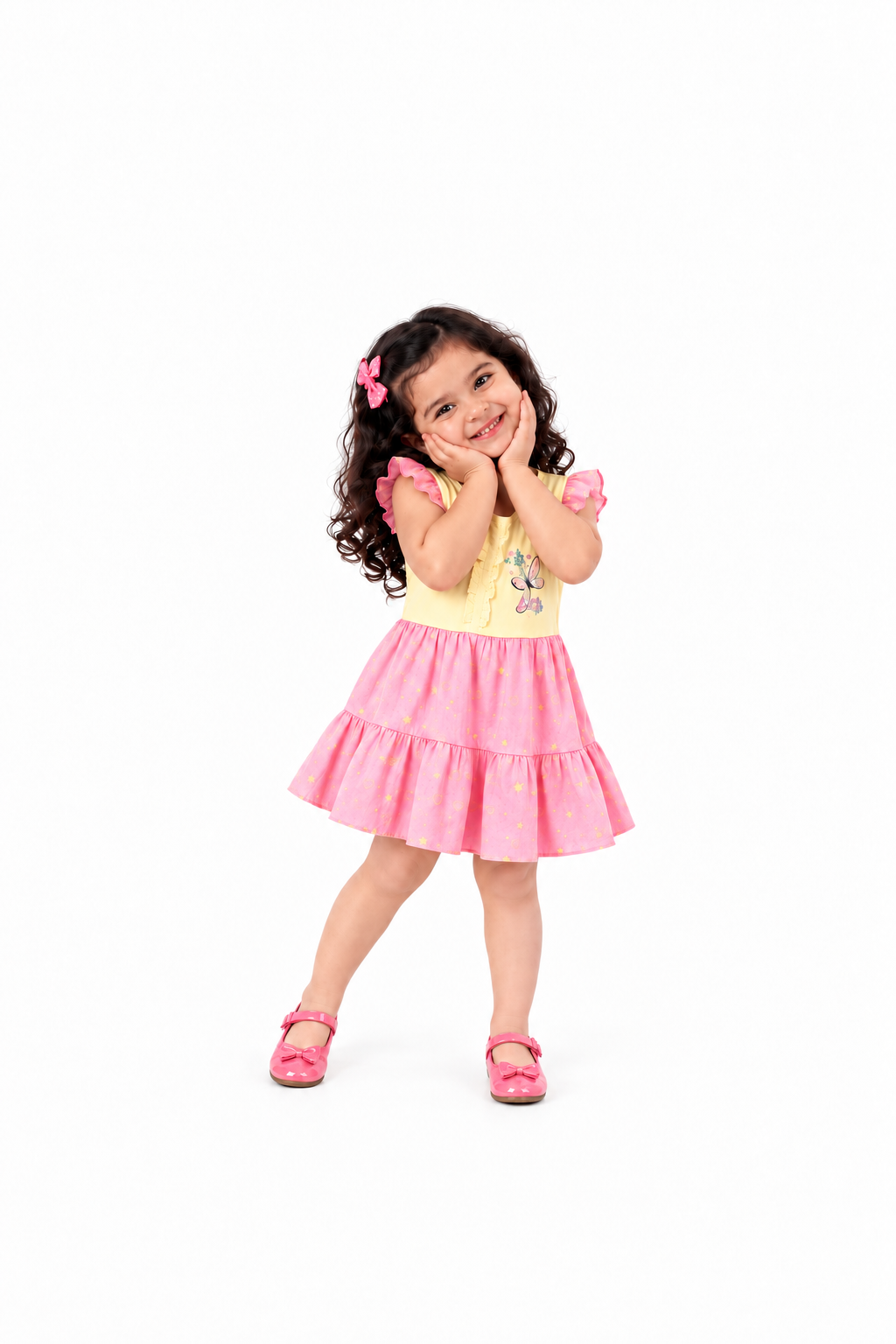 Baby Girls Pink & Yellow Frock Dress | Cute Butterfly Printed Party Dress for Kids