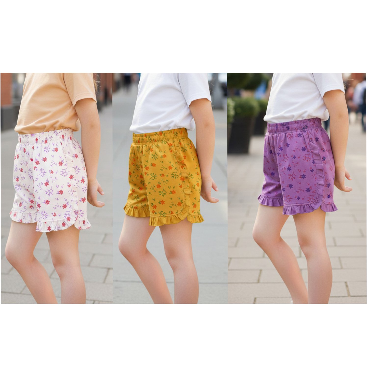 Girls Pure Cotton Floral Printed Ruffle Shorts |
