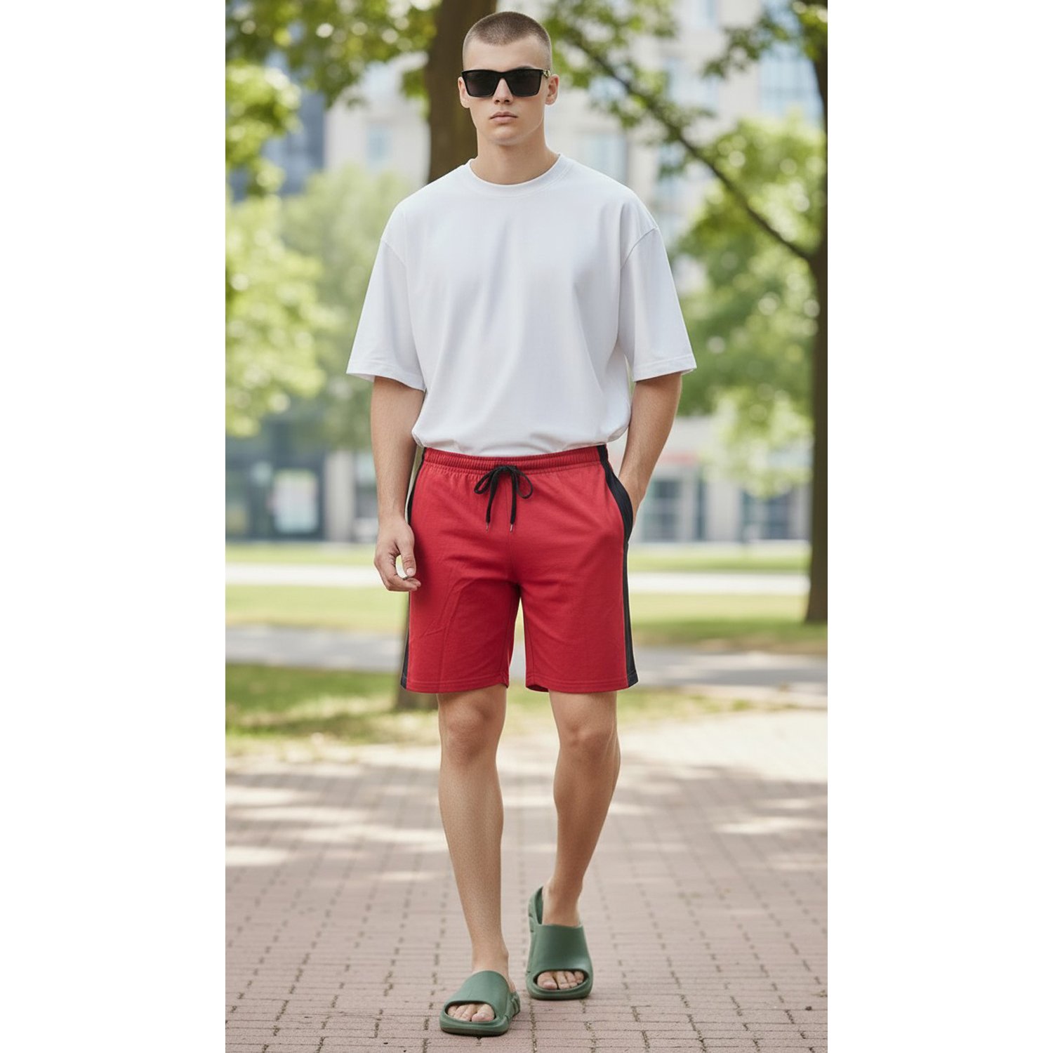 Men’s Red Casual Shorts with Black Side Stripe | Lightweight Sports Shorts