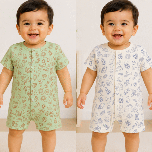 Baby Unisex Cotton Romper | Half Sleeve Front Open Snap Button Onesie |
