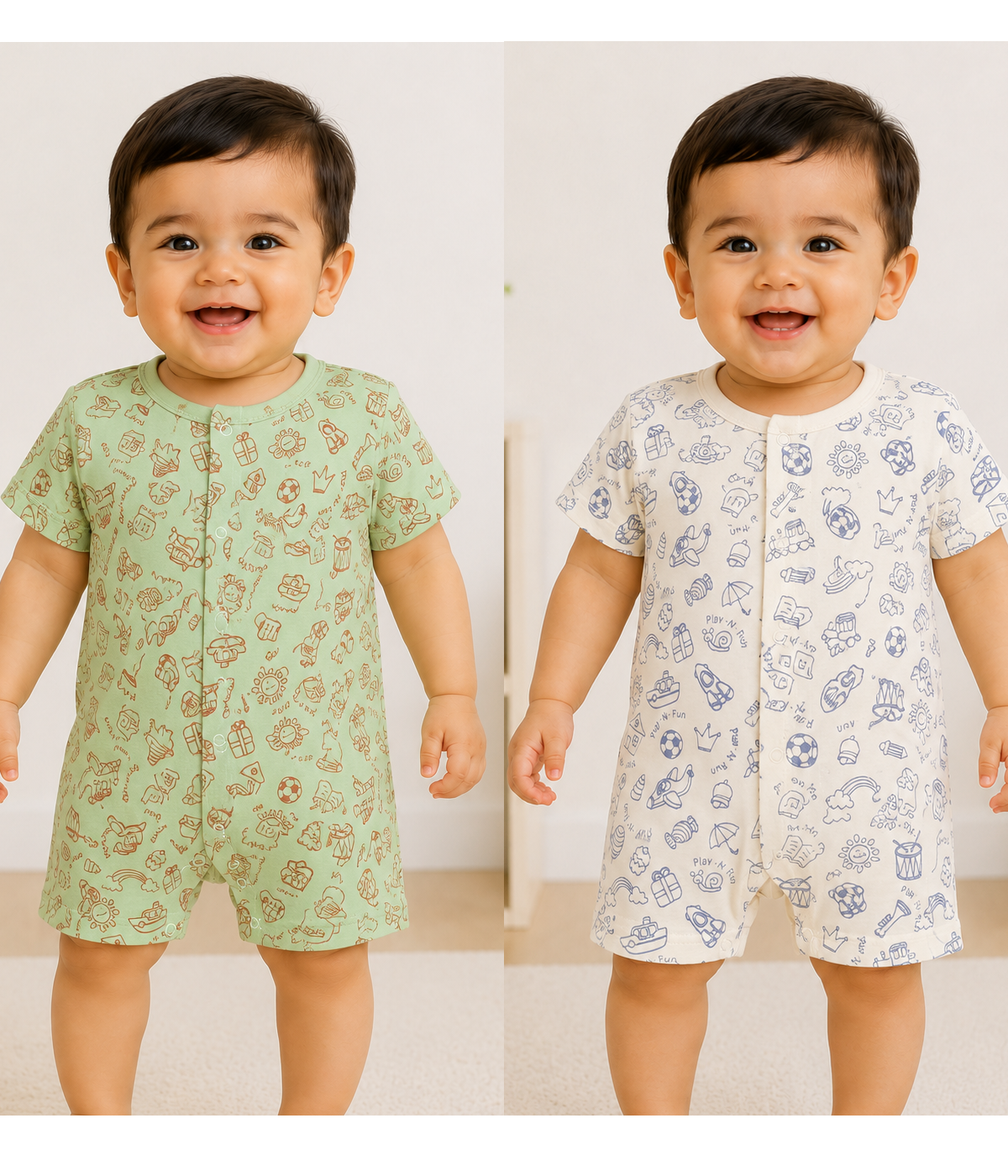 Baby Unisex Cotton Romper | Half Sleeve Front Open Snap Button Onesie |