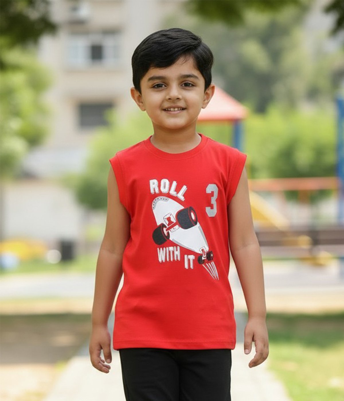 Boys Pure Cotton Sleeveless Red Printed T-Shirt |