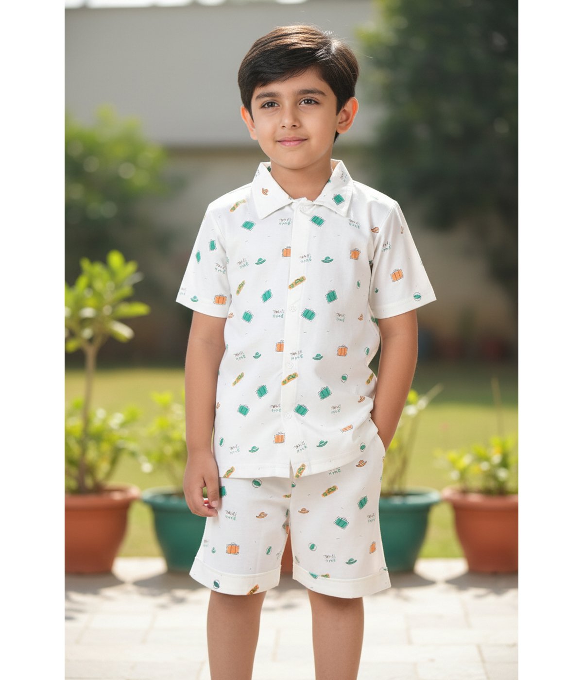 Boys White Printed Cotton Blend Co-ord Set |