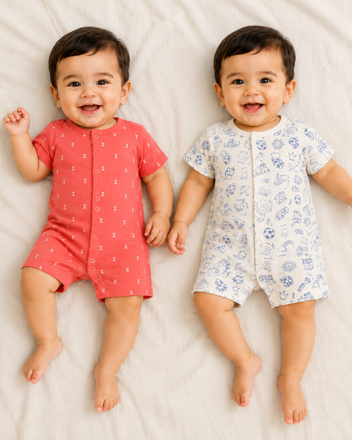 Baby Romper Set of 2 | Short Sleeve Front Button Bodysuit | Comfortable Baby Clothing Set | Solid & Printed Designs