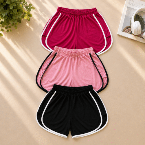 Girls Shorts Pack of 3 | Elastic Waist Running & Casual Shorts with Contrast Piping | Comfortable Kids Shorts