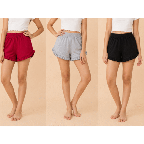 Women Ruffle Shorts Pack of 3 | Elastic Waist Casual Shorts | Red, Grey & Black