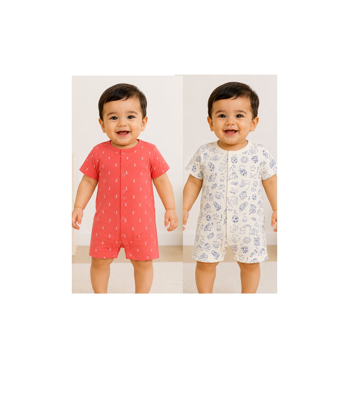 Baby Romper Set of 2 | Short Sleeve Front Button Bodysuit | Comfortable Baby Clothing Set | Solid & Printed Designs