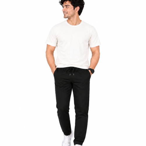 Men's Black track Pants | Regular Fit Cotton Track Trousers with Elasticated Waist & Drawstring
