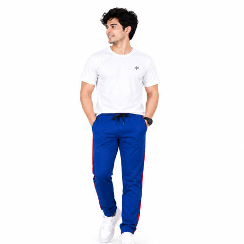 Men's Royal Blue Track Pants with Red Side Stripe | Regular Fit Trousers with Drawstring Waist