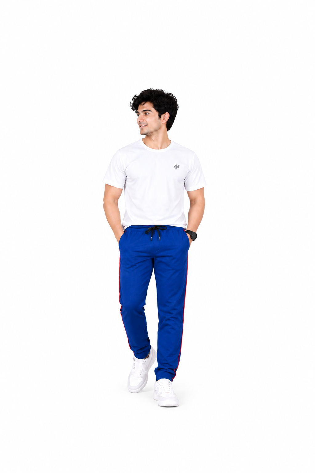 Men’s Royal Blue Track Pants with Red Side Stripe | Regular Fit Trousers with Drawstring Waist