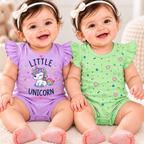 Baby Cotton Romper | Purple Unicorn & Green Printed Bodysuit for Infants