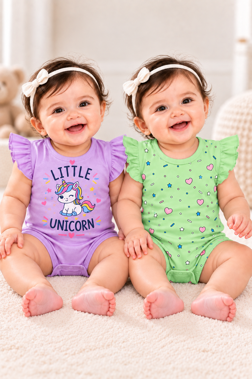 Baby Cotton Romper | Purple Unicorn & Green Printed Bodysuit