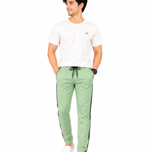 Men's Light Green Cotton Track Trouser with Black Side Stripe |
