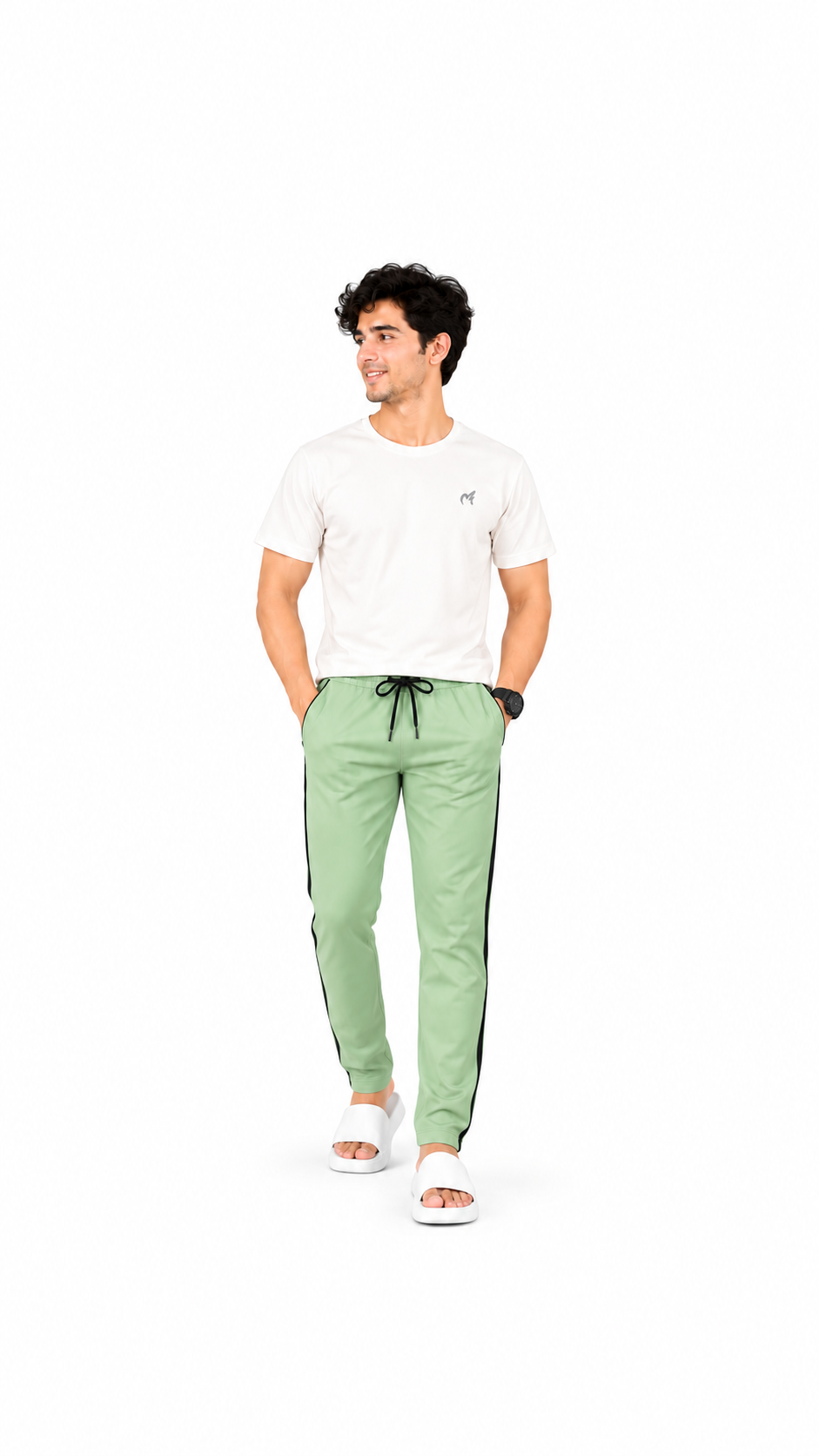 Men’s Light Green Cotton Track Trouser with Black Side Stripe |