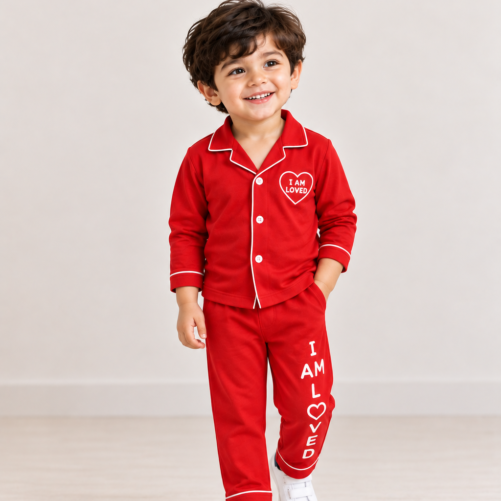 Kids Red Pajama Set | Soft Cotton Full Sleeve Nightwear & Sleepwear